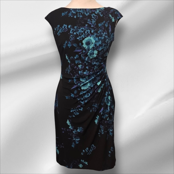 Chaps Navy Blue Floral Print Dress Cinched‎ Waist Sleeveless Size Small - Picture 1 of 8
